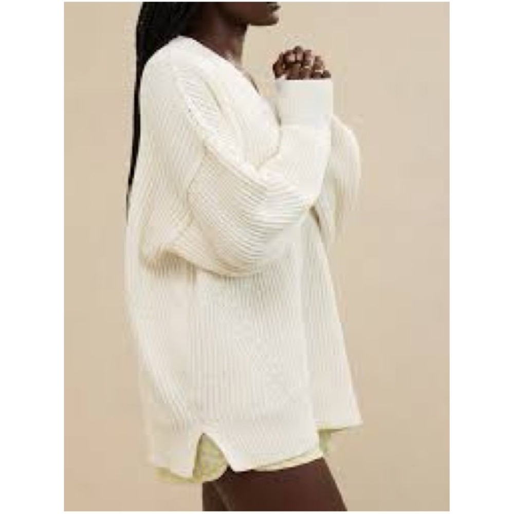 Aerie Oversized V-Neck Ribbed Sweater Large Off-White